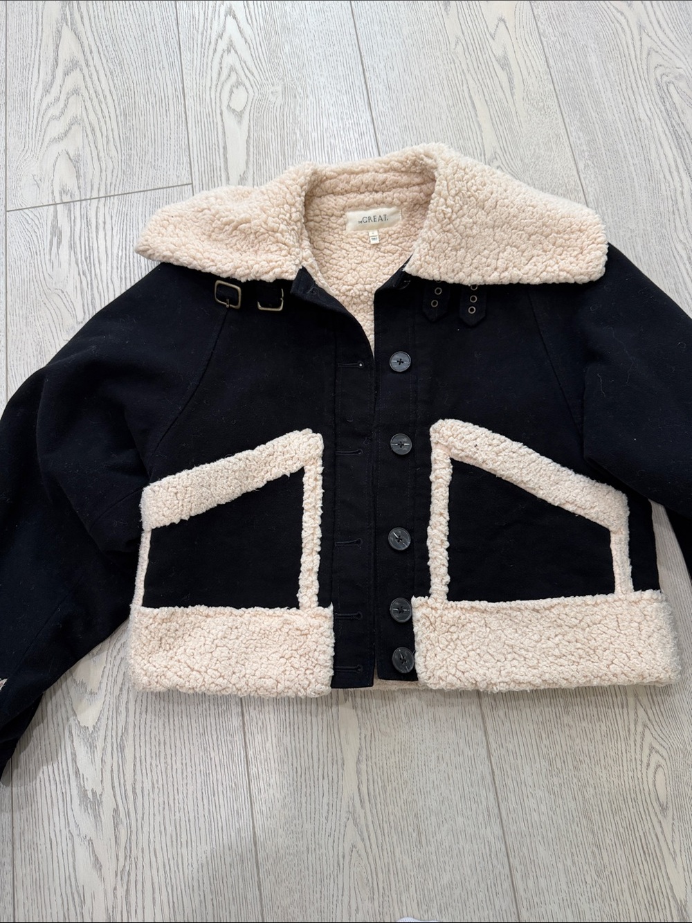 THE GREAT. Black Jacket with Cream Sherpa Trim